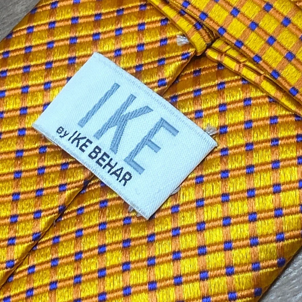 Vintage Ike Behar‎ Silk Necktie Check Mens Orange Gold Wedding Jacquard Business